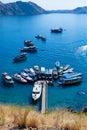 Scenic view of Padar Island Harbour at Labuan Bajo, Komodo National Park, Indonesia. A lot of tourist boats parking at the coast Royalty Free Stock Photo