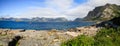 Wide panorama of the road and the mobile homes on the fjord coast Lofoten islands, Norway Royalty Free Stock Photo