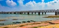 Scenic view of Parallel railway bridges on flooded krishna river in Vijayawada, Andhrapradesh, India
