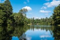 Scenic view of the park in the center of the big city in the summer. With a lagoon in the middle and green trees. In the Royalty Free Stock Photo