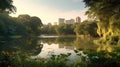 Scenic view of the park in the center of the big city in the summer Royalty Free Stock Photo