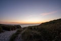 Scenic view of a path through a sandy beach covered with greenery at sunset Royalty Free Stock Photo