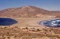 Scenic view from peninsula Prasonisi on Rhodes island, Greece with the aegean see on the right and the mediterranean see on the Royalty Free Stock Photo