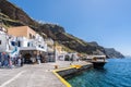 Scenic view of the picturesque port of Fira, the main town of Santorini Island, Greece