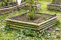 Scenic view of plants growing in pots made of bamboo in a garden Royalty Free Stock Photo