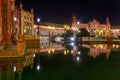 Scenic view of the Plaza of Spain located in Seville, Spain seen during nighttime