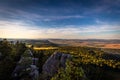 Scenic view on Polish autumn landscape from top of Table mountains, Szczeliniec Wielki in National Park Stolowe Mountains Royalty Free Stock Photo