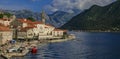 Scenic view of the postcard perfect historic town of Perast in the Bay of Kotor on a sunny day in the summer, Montenegro Royalty Free Stock Photo