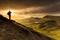 Scenic view of Quiraing mountains in Isle of Skye, Scottish highlands, United Kingdom. Sunrise time with colourful an rayini Royalty Free Stock Photo