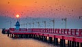 Scenic view red pier with lighthouse at sunrise in Thailand Royalty Free Stock Photo