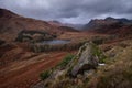 Scenic view of remote landscape Blea Tarn from Birk Knott in the Lake District. Taken on a dull morning with moody clouds in the s