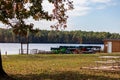 Scenic view of rental boats at a lake against trees at Cheraw State Park in Chesterfield County Royalty Free Stock Photo