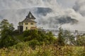 Scenic view of a restaurant building above skywalk near Halstatt village in Austria. Royalty Free Stock Photo