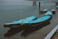 Scenic view of the Rhine river with boats in the foggy morning, Basel, Switzerland Royalty Free Stock Photo