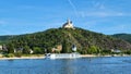 Riverboat on the Rhine River, with Marksburg Castle sitting high above on a mountain top. Royalty Free Stock Photo