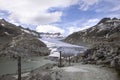 Scenic view on Rhone Glacier in swiss Alps with the lake. High mountains landscape, arid terrain of Rhonegletscher, mountain trail