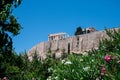 Scenic view of the riun of Acropolis from the garden with flowers, Athens, Greece