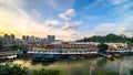 Scenic view of Riverside Point, Clarke Quay with Bumboat cruising in Singapore River