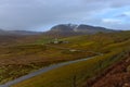 Scenic view of road and farm close the Quiraing mountains in Isle of Skye, Scottish high Royalty Free Stock Photo