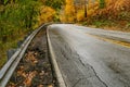 Scenic view of a road in the hills in Western Pennsylvania during autumn on a cloudy day Royalty Free Stock Photo