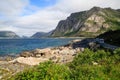 View of the road and the mobile homes on the fjord coast Lofoten islands, Norway Royalty Free Stock Photo