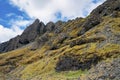 Scenic view of rock formations on mountain against blue cloudy sky