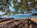 Scenic view of rock formations on the shore under green tree leaves with people walking on the beach Royalty Free Stock Photo