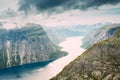 Scenic View From Rock Trolltunga - Troll Tongue In Norway. Royalty Free Stock Photo
