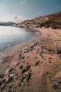 Scenic view of the rocky coast of Paros Island, Greece on a bright sunny day