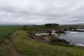 a scenic view of a rocky coastline with a winding dirt path through green fields, under an overcast sky, overlooking a deep blue Royalty Free Stock Photo