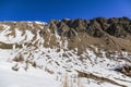 A scenic view of a rocky mountain cliff with some snow under a majestic blue sky