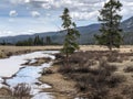 Snowy stream through field with mountain view at national park Royalty Free Stock Photo