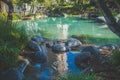 Scenic view of the rocky ponds and buildings of a waterfront comlpex Seaport Village, San Diego Royalty Free Stock Photo