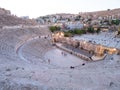 Details of famous historical Roman Theater, ancient structure at sunset in Jerash, Jordan.