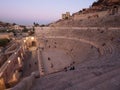 Details of famous historical Roman Theater, ancient structure at sunset in Jerash, Jordan.