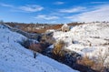 Scenic view of ruins of west defence wall and Iasi Gate - side entrance tower of medieval Khotyn fortress, Ukraine