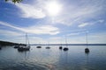 a scenic view of sailing boats in the evening sun on lake Ammersee in Germany Royalty Free Stock Photo