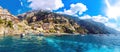 View from a sailing yatch of the seashore of Positano in Italy Royalty Free Stock Photo