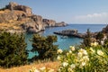 Scenic view at Saint Pauls bay and the acropolis of Lindos on Rhodes island, Greece Royalty Free Stock Photo