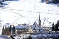 Scenic view of San Vigilio church in winter, Moena, Dolomites, Trento, Trentino Alto Adige, Italy. Church of San Vigilio in Moena