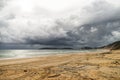 Scenic view of a sandy beach on a cloudy day