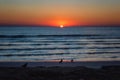 Scenic view of a sandy beach at sunrise, idyllic seascape with calm sea, serene colored sky and rising sun, travel background Royalty Free Stock Photo