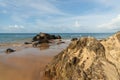 Scenic view of sandy Farol da Barra beach at the shore of Atlantic ocean in Salvador, Bahia, Brazil Royalty Free Stock Photo