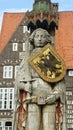 Scenic view of sculpture of the Bremen Roland on the main market square in the city center, medieval statue with sword and shield
