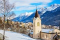 Scenic view on Scuol village and valley on a sunny winter day, Lower Engadine, Switzerland Royalty Free Stock Photo