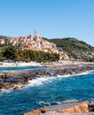 Scenic view from the sea of the medieval village of Cervo, located in Liguria. Renowned for tourism and nature excursions Royalty Free Stock Photo