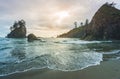 Scenic view of sea stack in Second beach when sunset,in mt Olympic National park,Washington,usa. Royalty Free Stock Photo