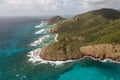 Scenic view of the serene, blue ocean waters and rocky shorelines from Rendezvous Beach, Antigua Royalty Free Stock Photo