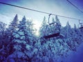 Scenic view of a ski lift station situated atop a snowy mountain peak in Vermont