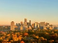 Scenic view of the skyscrapers of Toronto City behind the autumn trees at sunrise, Canada